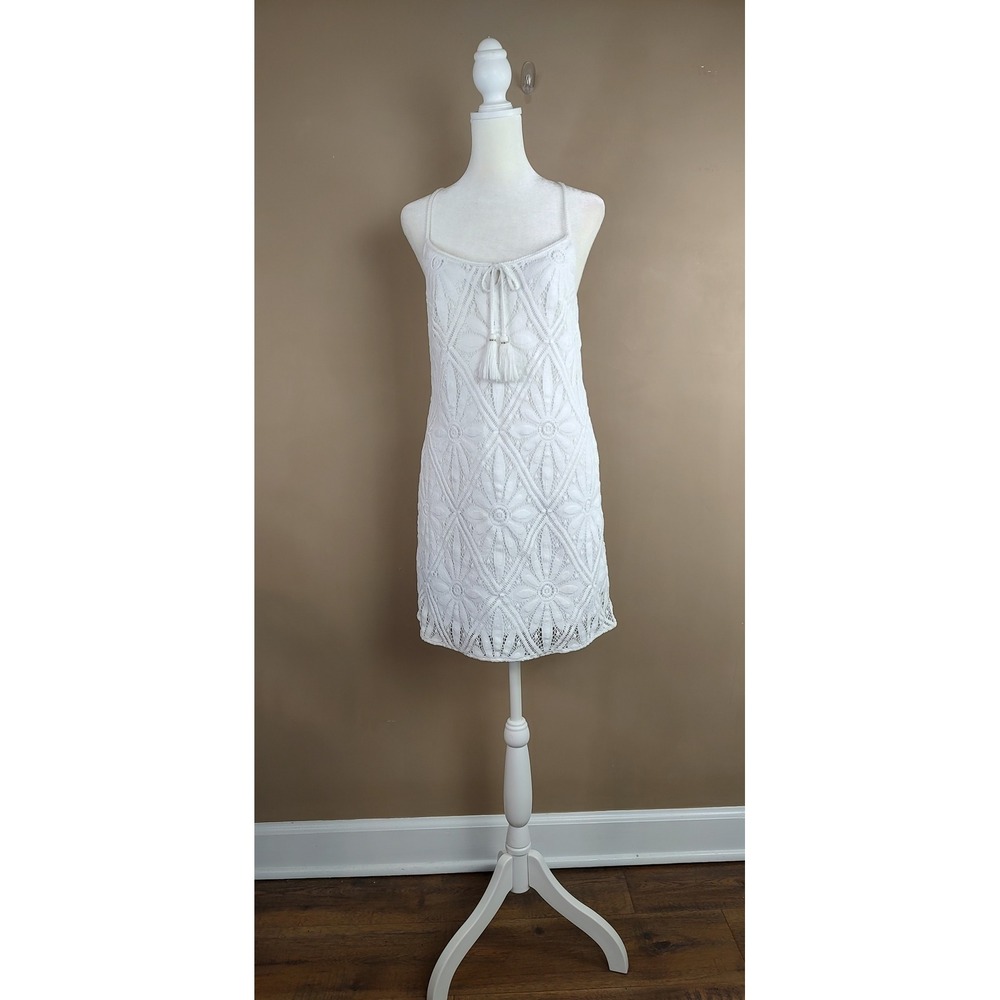 Lilly Pulitzer White Lace Tassel Mini Shift Dress XS Floral Eyelet Halter Summer